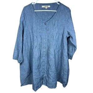 Flax (S) Linen Top Oversized‎ Blue Pleated Tunic Dress Button Shirt W/Pockets